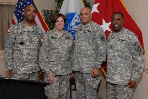 Attending the June luncheon are (l-r) Sgt. Maj. Kevin E. McCrary, USA, Office of the Chief Information Officer/G-6; Lt. Gen. Susan Lawrence, USA, chief information officer/G-6; Col. Charles Gibson, USA, commander, Tobyhanna Army Depot; and Sgt. Maj. Kelvin L. Spencer, USA, Tobyhanna Army Depot.